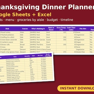 May include: A digital Thanksgiving Dinner Planner for Google Sheets and Excel featuring two overlapping spreadsheet tables with columns for dishes, courses, oven temperatures, cook times, dietary needs, and grocery lists by aisle.