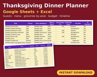 Thanksgiving Dinner Planner Spreadsheet, Thanksgiving Menu Planner, Grocery List, Turkey Calculator, Cooking Timeline, Google Sheets Excel