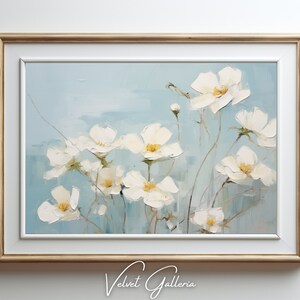 White Floral Printable Art, Wildflowers, Oil Painting Landsacape on Canvas for Digital Download