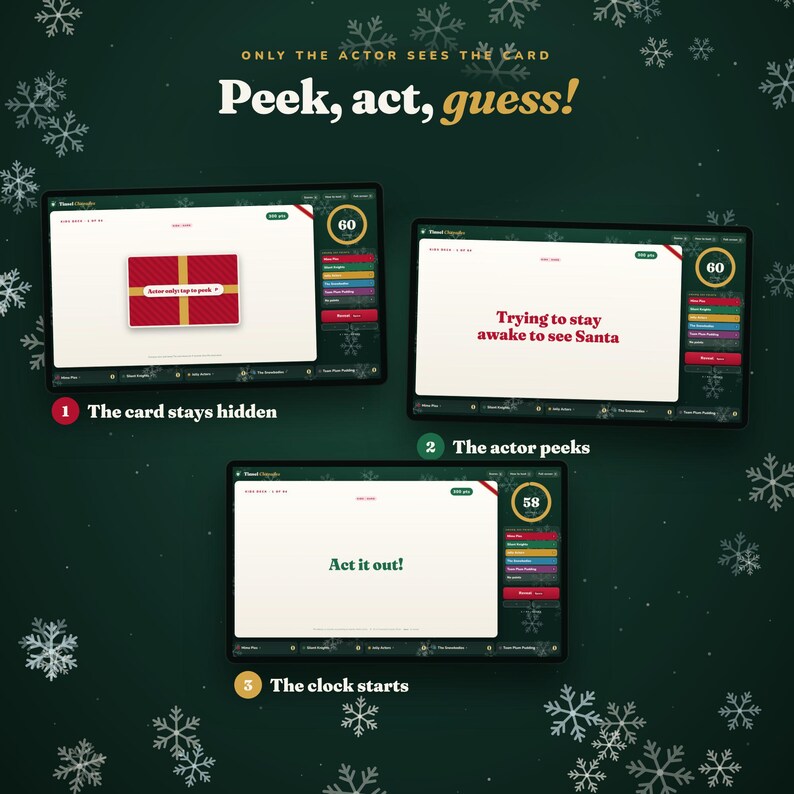 Op de afbeelding: Drie digitale schermen tonen een spelinterface op een donkergroene achtergrond met witte sneeuwvlokken. De tekst luidt: Only the actor sees the card. Peek, act, guess! De schermen tonen de stappen: The card stays hidden, The actor peeks, The clock starts.