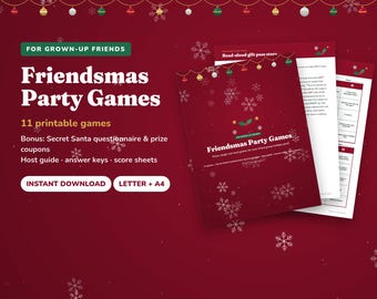 11 Friendsmas Party Games + Prize Coupons, Christmas Party Games for Adults, Gift Exchange Dice Game, Most Likely To, Trivia, Bingo