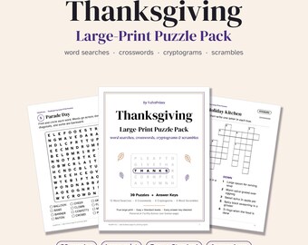 Large Print Thanksgiving Puzzles for Seniors, Word Search Crossword Cryptogram Word Scramble, Fall Family Activity Printable PDF