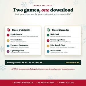 Puede incluir: Un paquete de juegos digitales que incluye Tinsel Quiz Night y Tinsel Charades. Contiene tableros de preguntas, opciones m&uacute;ltiples, hechos verdaderos o falsos, frases, acertijos, una ronda final r&aacute;pida y mazos para ni&ntilde;os y adultos.