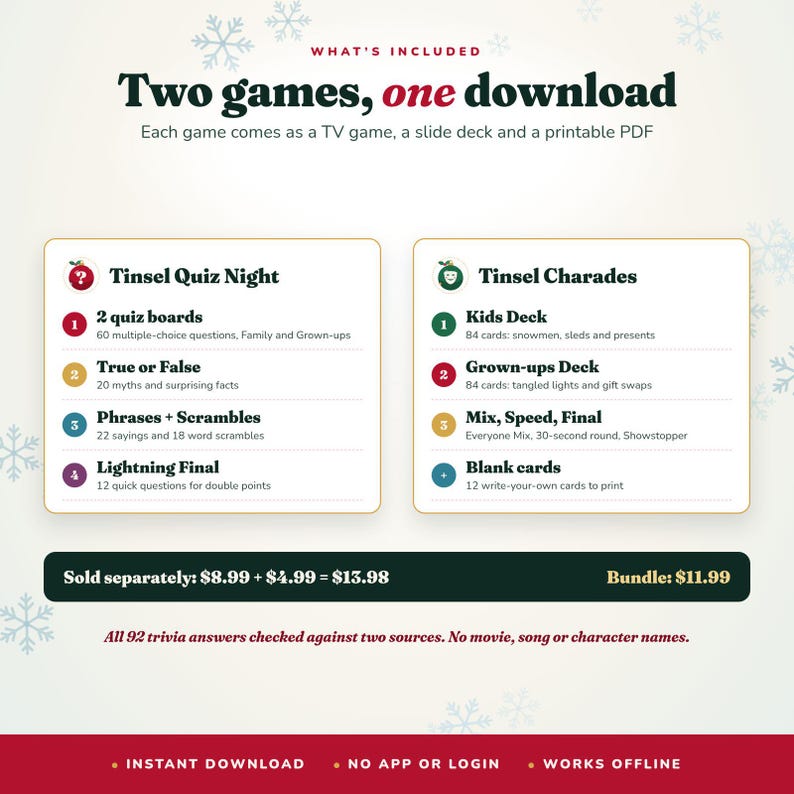 Puede incluir: Un paquete de juegos digitales que incluye Tinsel Quiz Night y Tinsel Charades. Contiene tableros de preguntas, opciones m&uacute;ltiples, hechos verdaderos o falsos, frases, acertijos, una ronda final r&aacute;pida y mazos para ni&ntilde;os y adultos.