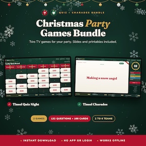 Puede incluir: Un paquete de juegos para fiestas navide&ntilde;as que incluye Tinsel Quiz Night y Tinsel Charades. La pantalla muestra un tablero de quiz familiar con puntos y una pantalla de m&iacute;mica con el texto Making a snow angel. Incluye 132 preguntas y 168 cartas.