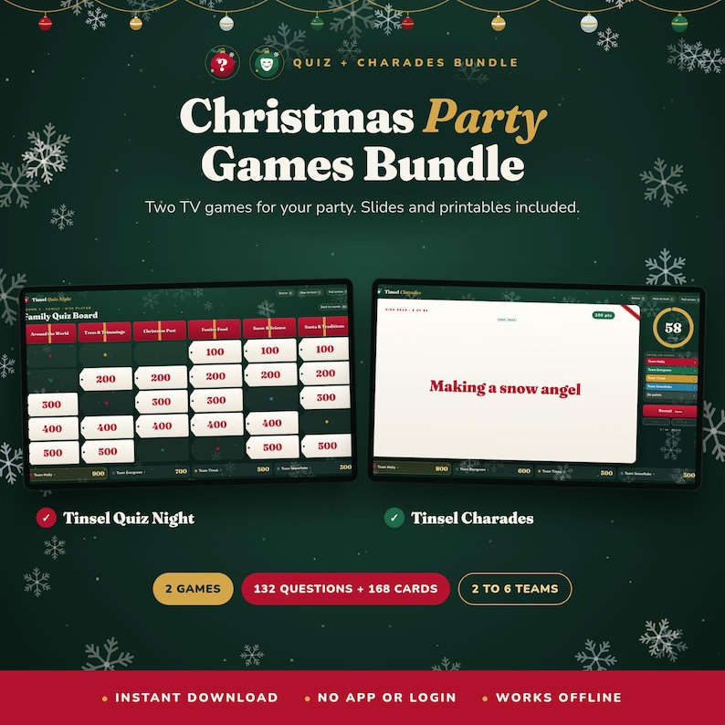 Puede incluir: Un paquete de juegos para fiestas navide&ntilde;as que incluye Tinsel Quiz Night y Tinsel Charades. La pantalla muestra un tablero de quiz familiar con puntos y una pantalla de m&iacute;mica con el texto Making a snow angel. Incluye 132 preguntas y 168 cartas.