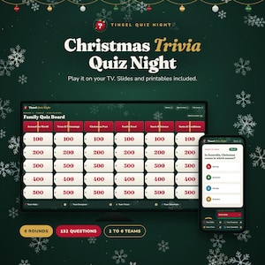 May include: A Christmas Trivia Quiz Night digital game set featuring a TV screen displaying a family quiz board with categories and point values, and a smartphone showing a trivia question. Includes 6 rounds, 132 questions, and 2 to 6 teams.