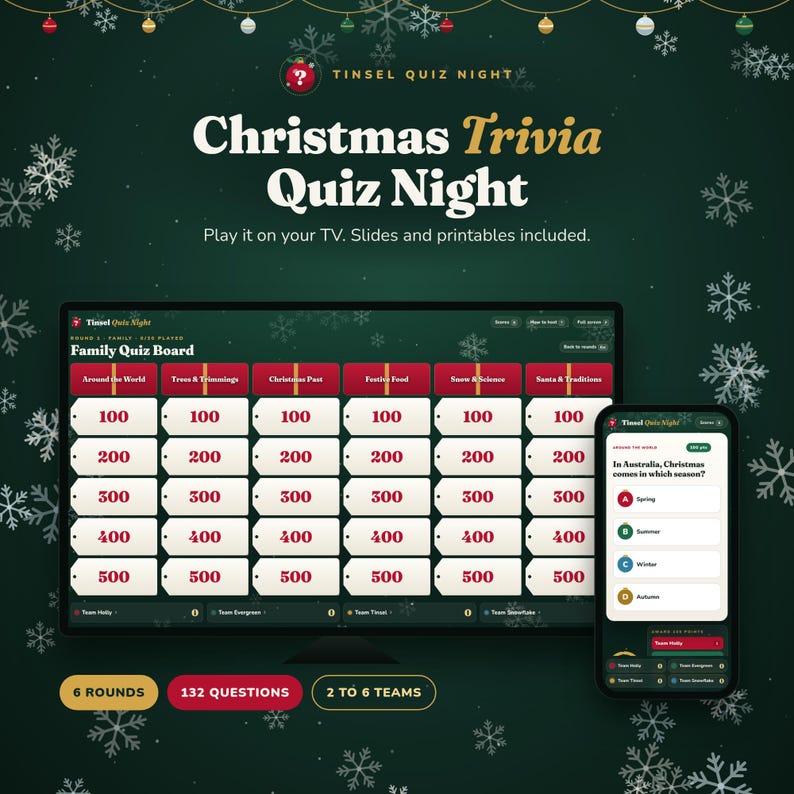 May include: A Christmas Trivia Quiz Night digital game set featuring a TV screen displaying a family quiz board with categories and point values, and a smartphone showing a trivia question. Includes 6 rounds, 132 questions, and 2 to 6 teams.