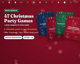 Christmas Party Games Mega Bundle, 4 Packs, 47 Printable Games + Prize Coupons, 21 Game Types, Office, Friendsmas, Teens, Seniors
