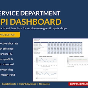Auto Service Department KPI Pro Pack - Tech Scorecard, Comeback Log, Advisor Summary, 12-Month Trend Charts | Excel & Google Sheets image 1