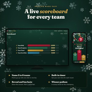 May include: A digital quiz game interface displayed on a computer monitor and smartphone, featuring a scoreboard with team names and scores, set against a dark green background with white snowflake patterns and text including Hosting Made Easy.