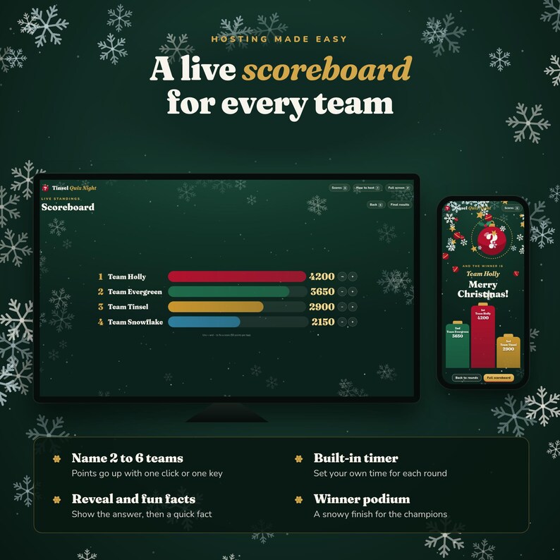 May include: A digital quiz game interface displayed on a computer monitor and smartphone, featuring a scoreboard with team names and scores, set against a dark green background with white snowflake patterns and text including Hosting Made Easy.