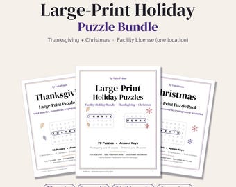 Large Print Holiday Puzzles Facility License Bundle, Thanksgiving and Christmas, Activity Director Printable, Senior Group Activity