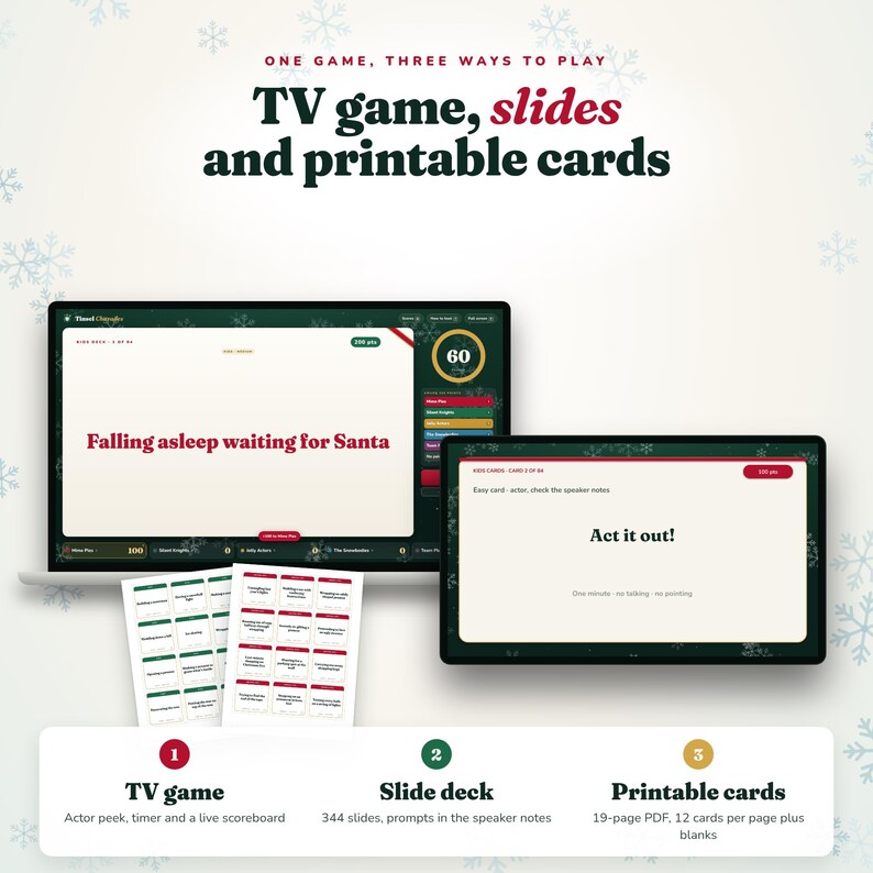 Op de afbeelding: Een digitale partygame-set met een tv-spelinterface, een diashow en printbare kaarten. De schermen tonen tekst waaronder "Falling asleep waiting for Santa" en "Act it out!" met een timer van 60 seconden en een scorebord.