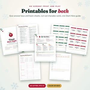 Puede incluir: Una colecci&oacute;n de hojas de juegos navide&ntilde;os imprimibles que incluye una gu&iacute;a de Tinsel Quiz Night, claves de respuestas, hojas de equipo y tarjetas de charadas. Los documentos presentan texto en rojo y verde, encabezados y cuadr&iacute;culas en papel blanco.