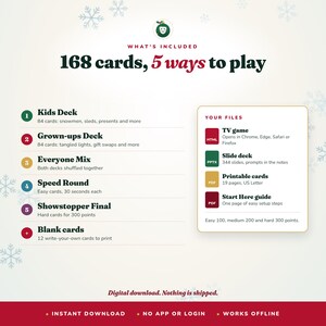 Op de afbeelding: Een digitale spelset met 168 kaarten en 5 manieren om te spelen. Bevat een kinderdek, volwassendek, mix, snelle ronde en finale, plus 12 blanco kaarten. Bestanden bevatten een tv-spel, diavoorstelling, printbare kaarten en een installatiegids.