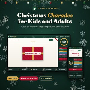 Op de afbeelding: Een digitaal kerst-charades-spel genaamd Tinsel Charades, weergegeven op een televisiescherm en een smartphone. De interface bevat een rode cadeau-afbeelding, een timer van zestig seconden, teamscoreborden en de tekst Christmas Charades for Kids and Adults.