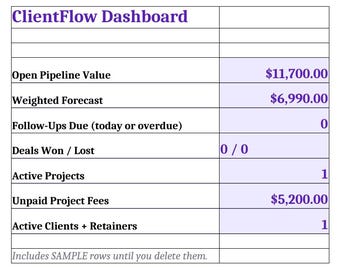 CRM Template, Client Database Spreadsheet, Client Tracker for Freelancers, Sales Pipeline and Follow Up Tracker, Google Sheets Excel