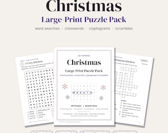 Large Print Christmas Puzzles for Seniors, Word Search Crossword Cryptogram Word Scramble, Winter Family Activity Printable PDF