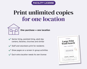Large Print Word Search, Facility License, Activity Director Printable, 50 Senior Center Word Find Pages, Group Activity PDF