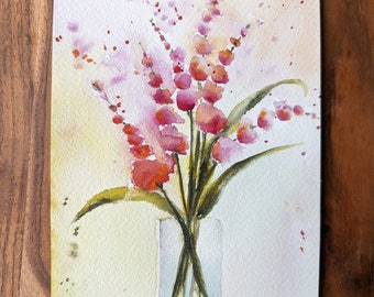 Original Watercolor Flowers, Loose Floral in Vase, Hand-painted 5x7 Watercolor Painting