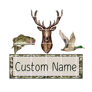 Custom Kids Name Deer Fish Duck Hunting Name Plate Monogram Personalized Boy Summer Hunting Green Camo Black Digital Download Sublimation