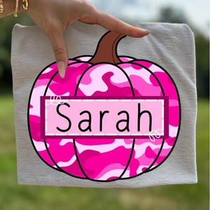 Custom Girls Camo Pumpkin Png NamePlate Monogram Personalized Girl Fall Nameplate Hunting Pink Toile Hand drawn Digital Download Sublimation