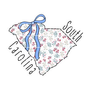 Estado da Carolina do Sul com costura retrô PNG Floral Pastel Azul Coquete Arquivo gráfico do estado Flor da primavera Desenho de laço da Carolina Download digital