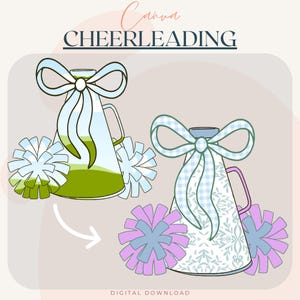Op de afbeelding: Digitale illustratie met twee cheerleading megafoons met strikken en pompons. Eén heeft groene vloeistof, de andere een bloemenpatroon. Het woord "CHEERLEADING" staat bovenaan. Digitale download.