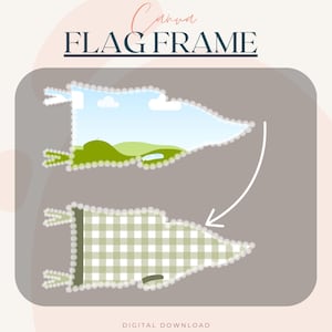 Op de afbeelding: Digitale downloadafbeelding met twee vlagvormige frames. Het bovenste frame toont een landschap, terwijl het onderste frame een groen en wit geruit patroon toont. De tekst "FLAG FRAME" wordt boven de frames weergegeven.