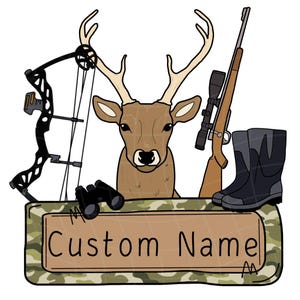 Deer Hunting Custom Kids Name Plate Monogram Boys Hunting Gear Personalized Boy Summer Hand Drawn Green Camo Digital Download Sublimation