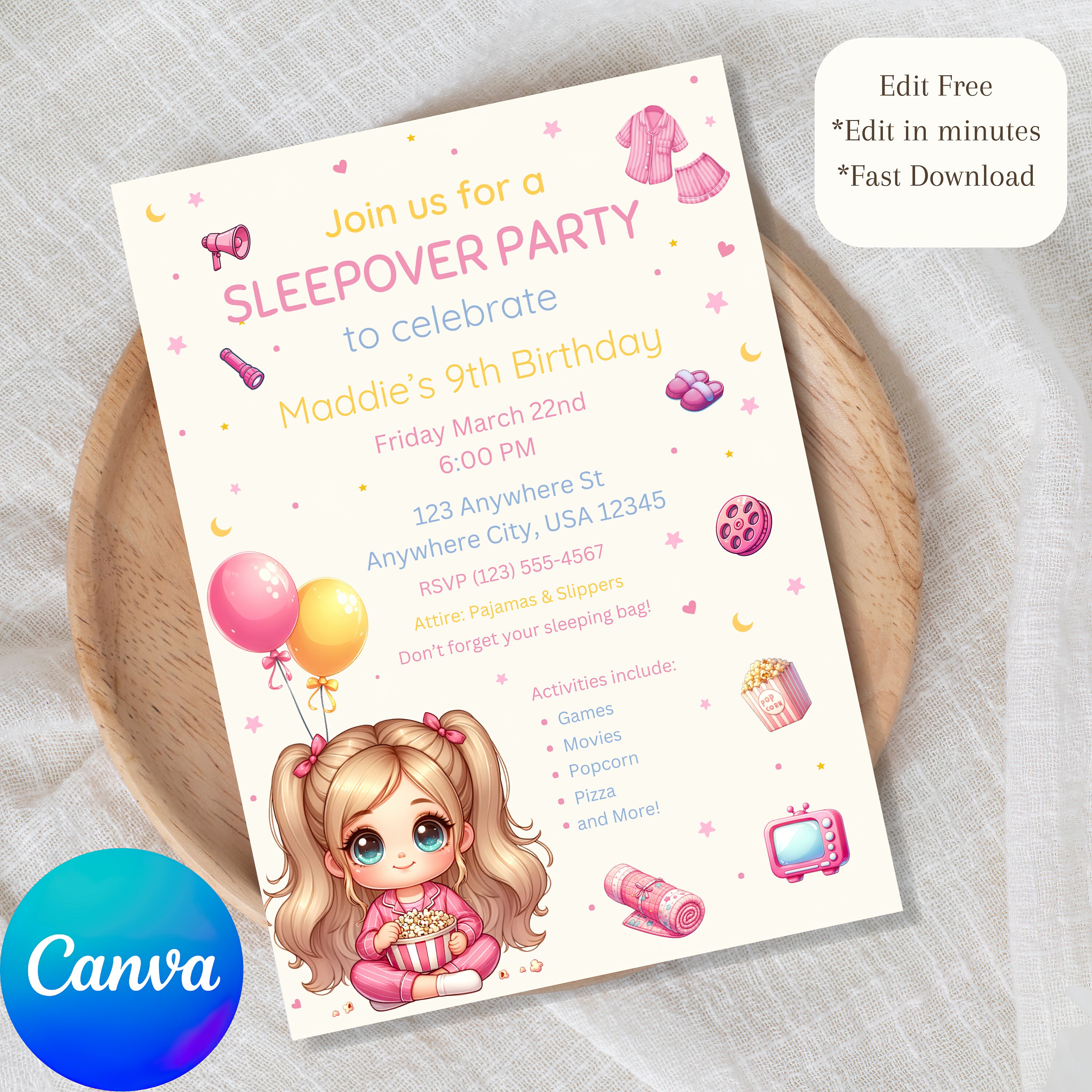 Editable Slumber Party Birthday Invitation Sleepover Birthday Invite ...