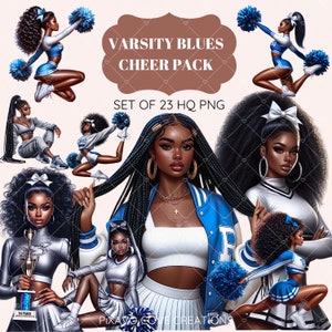 K&ouml;nnte beinhalten: Digitale Illustration mit mehreren Cheerleadern in blau-wei&szlig;en Uniformen, die Pompons halten. Der Text "VARSITY BLUES CHEER PACK" und "SET OF 23 HQ PNG" sind sichtbar. Das Kunstwerk enth&auml;lt eine Troph&auml;e mit der Aufschrift "1ST PLACE".