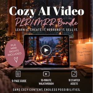 Könnte beinhalten: Ein digitales Produktbündel mit dem Titel Cozy AI Video PLR/MRR Bundle, das einen Laptop mit einer gemütlichen Raumszene zeigt. Der Text enthält Learn it, Create it, Rebrand it, Sell it, PLR MRR Rights Included, 9-page guide, 10-minute walkthrough, 18 starter assets.