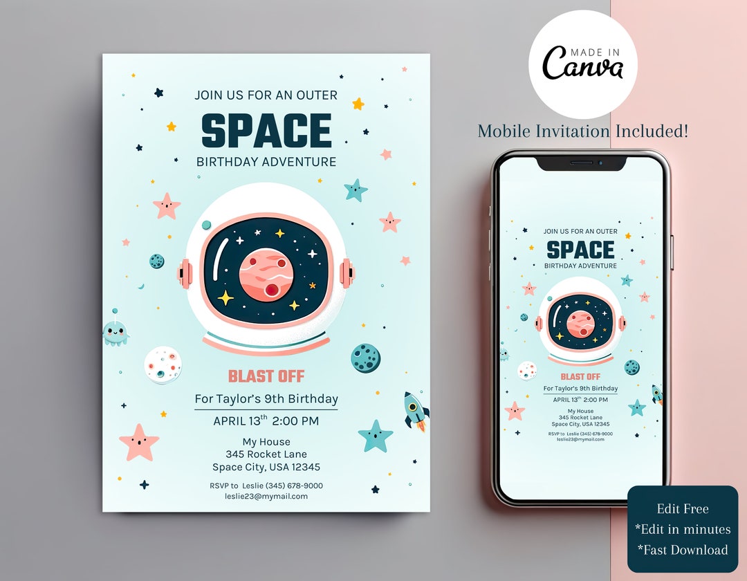 Outer Space Birthday Invitation Template, Planets Astronaut Invite ...