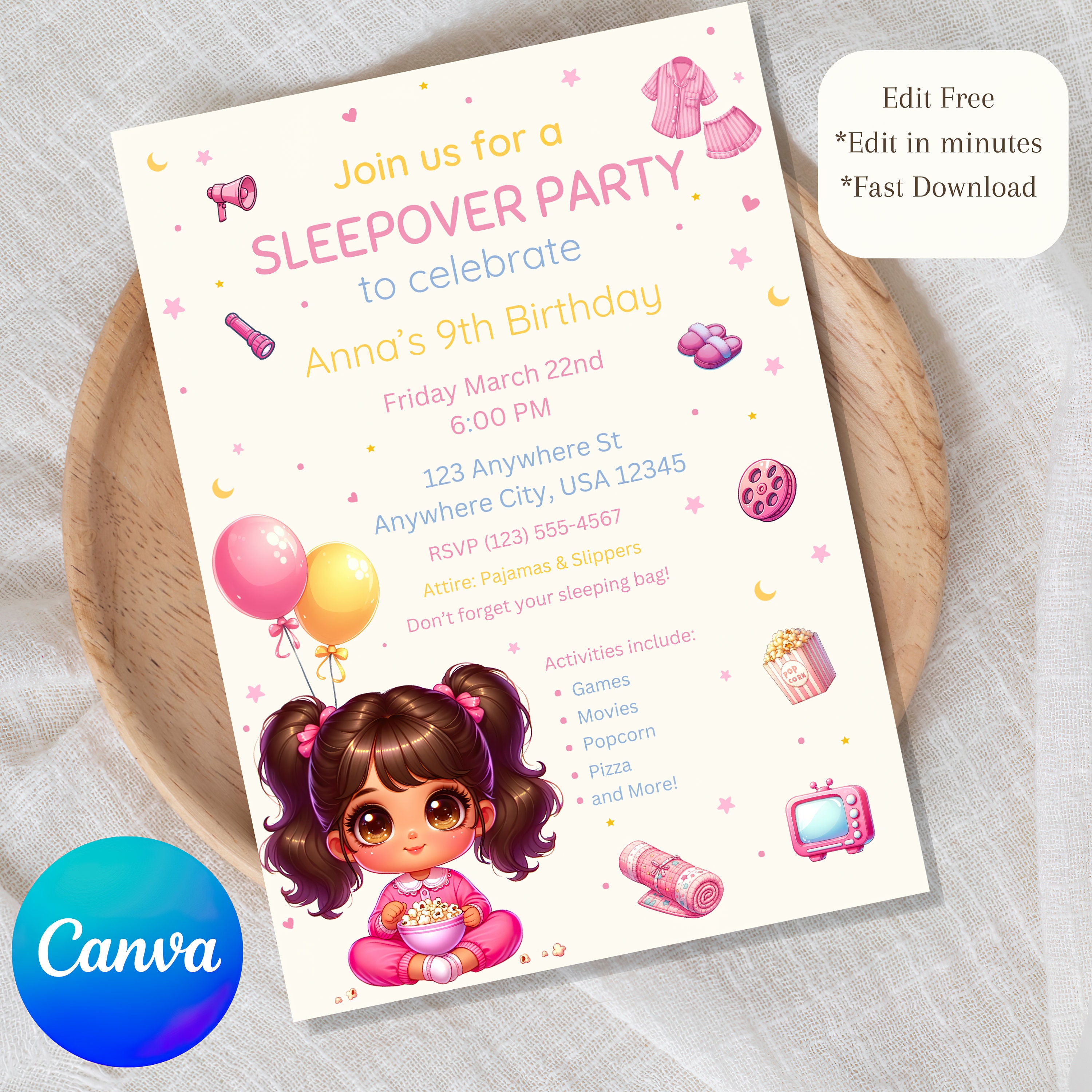 Editable Slumber Party Birthday Invitation Sleepover Birthday Invite ...
