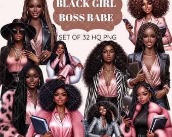 Boss Babe Clipart: Black Fashion Girl Illustrations (PNG)