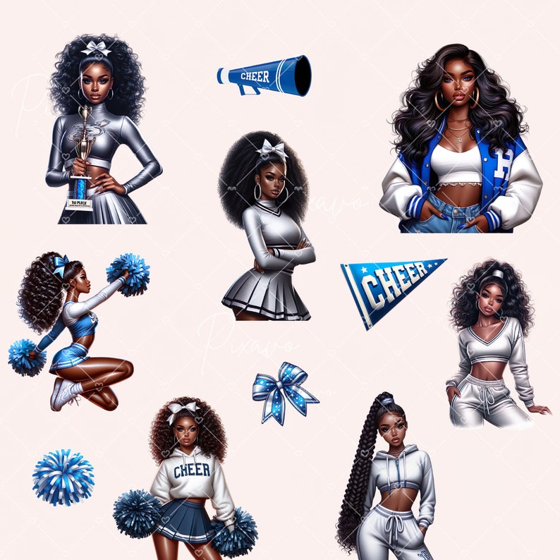 K&ouml;nnte beinhalten: Digitale Illustrationen von Cheerleadern in verschiedenen Posen und Outfits. Die Bilder zeigen Cheerleader in silbernen, wei&szlig;en und blauen Uniformen, die Pompons, eine Troph&auml;e und ein Megaphon halten. Ein Wimpel mit dem Wort "CHEER" ist ebenfalls enthalten.