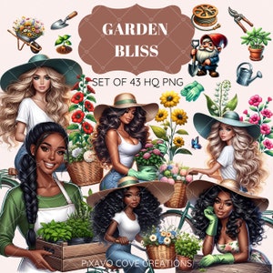 Garten Bliss Clipart, verschiedene Frauen im Garten, Botanische Clipart, Florale digitale Kunst, Gartenarbeit PNG, Clipart-Set, digitaler Download