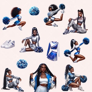 K&ouml;nnte beinhalten: Digitale Illustration von Cheerleadern in verschiedenen Posen, in blauen und wei&szlig;en Uniformen. Das Bild enth&auml;lt Pompons, Turnschuhe und ein Cheerleader-Uniform-Set. Das Thema ist Cheerleading und Teamgeist.