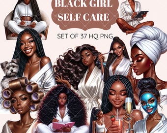 May include: A set of 37 high-quality PNG images featuring Black women practicing self-care. The images depict women in various activities, such as applying makeup, reading, and relaxing in a bathrobe. The images are perfect for use in digital products, social media, and other creative projects.