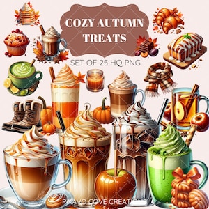 Cozy Autumn Treats Clipart: Fall Drinks, Pumpkin Spice (PNG Digital Download)