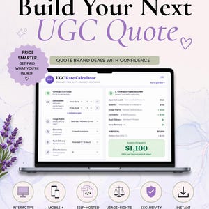 Könnte beinhalten: Eine digitale UGC-Tarifrechner-Schnittstelle auf einem Laptop-Bildschirm. Der Bildschirm zeigt Projektdetails, eine Angebotsaufschlüsselung und einen vorgeschlagenen Gesamtbetrag von 1.100 $. Der Text umfasst The Character House und Build Your Next UGC Quote.
