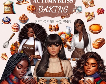 Autumn Baking Clipart: Black Women, Cozy Fall (PNG)