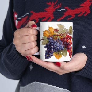 Elegant Watercolor Grape Mug, Rustic Fall Leaves Cup, Pretty Autumn Drinkware, Seasonal Grapevine Tea Mug, Harvest Coffee Gift