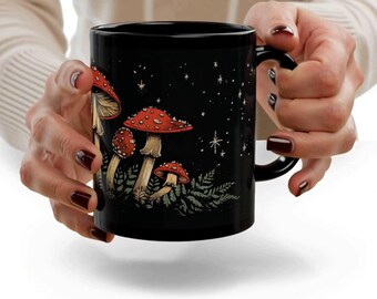 Vibrant Neon Mushroom Forest Mug, Black Ceramic Psychedelic Fungi Art, Neon Fungi Coffee Tea Cup, Unique Trippy Mushrooms Decor Gift Mug,