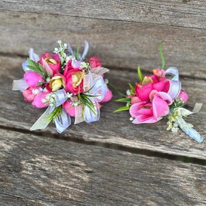 Bright Pink and White Wrist Corsage and Boutonnière Set