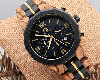 Engraved Zebrano Wood Watch for Men | Black & Gold Octagon, Eco Friendly