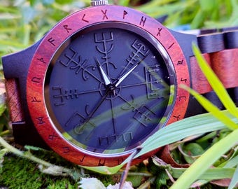 Engraved Viking Wooden Watch | Helm of Awe, Vegvisir, Runes