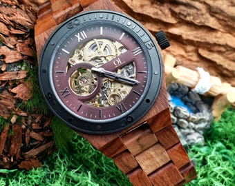 Automatic Wooden Watch | Gold & Brown Skeleton Dial | Engraved Wristwatch Gift for Him, Elysian Rustic
